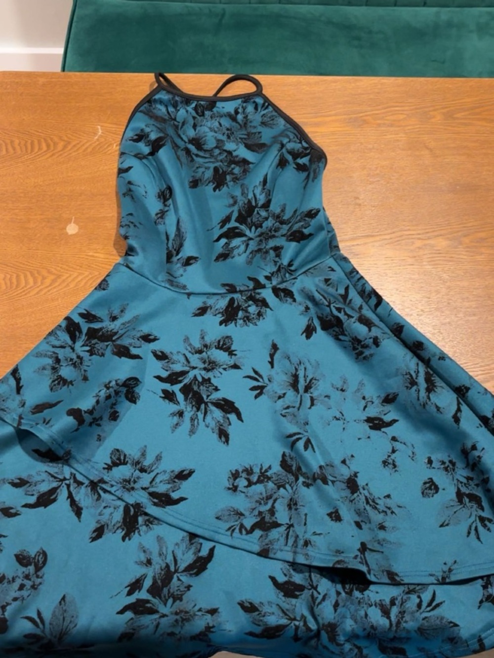 Eclipse Teal Floral One-Shoulder Dress with Black Print